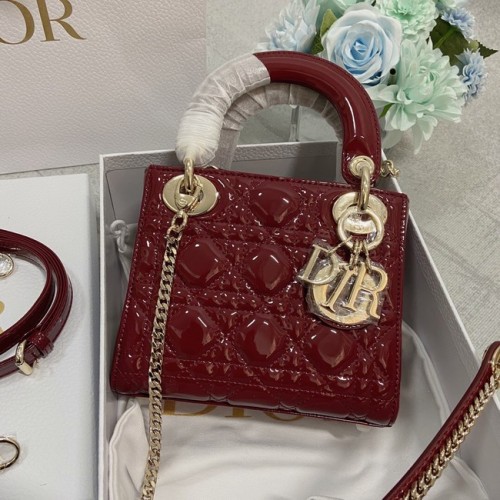 MINI SAC LADY DIOR Cuir de veau Cannage verni M0566OW Bordeaux&or