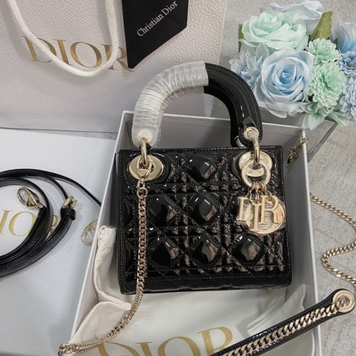 MINI SAC LADY DIOR Cuir de veau Cannage verni M0566OW noir&or
