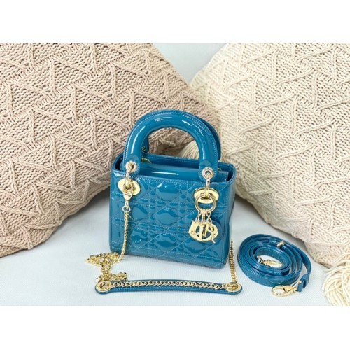 MINI SAC LADY DIOR Cuir de veau Cannage verni M0566OW Bleu ciel&or