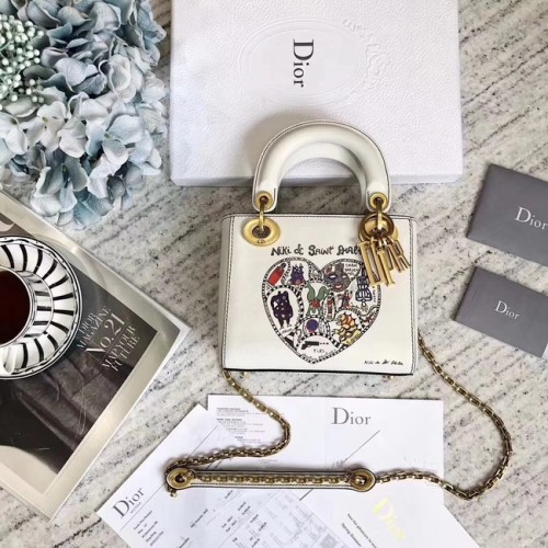 MINI SAC LADY DIOR AVEC CHAÎNE EN CUIR DE VEAU LISSE BLANC AVEC BRODERIE NIKI DE SAINT PHALLE M927