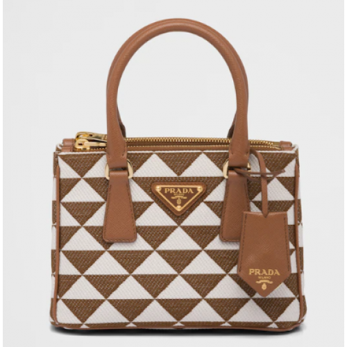 Prada Galleria mini sac en tissu jacquard brodé 1BA906 blanc et marron