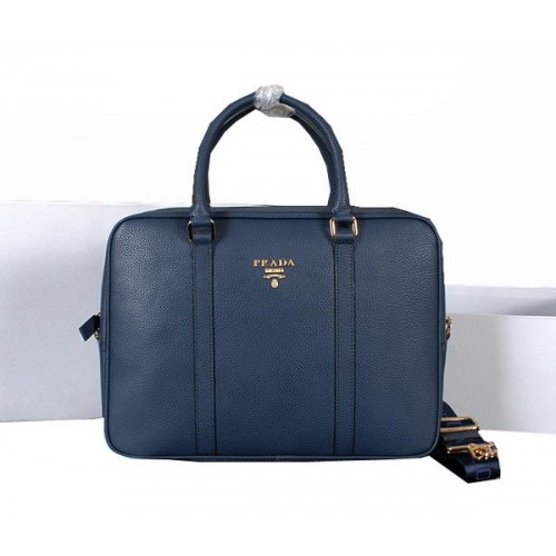 Prada Porte-Documents En Cuir De Veau Grainé 80661 Bleu