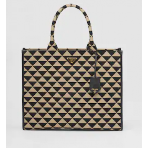 Prada Grand sac à main en tissu jacquard Prada Symbole 1BR255 Noir&Beige