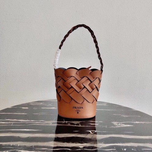 Prada Original Leather Woven Pattern Bucket Bag 1BG049 abricot