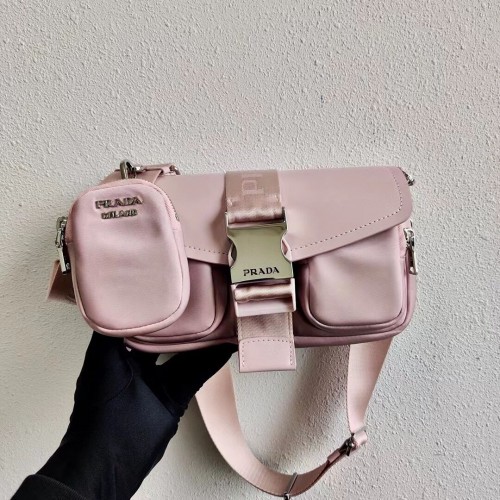 Sac Prada Pocket en nylon et cuir brossé 1BD295 rose