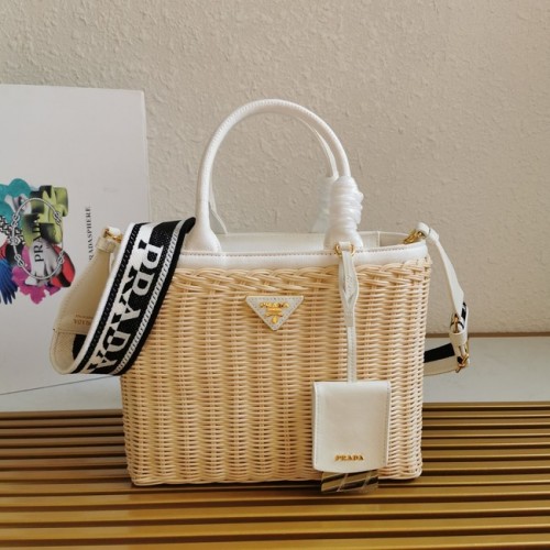 Sac cabas Prada raphia 1BG835 blanc