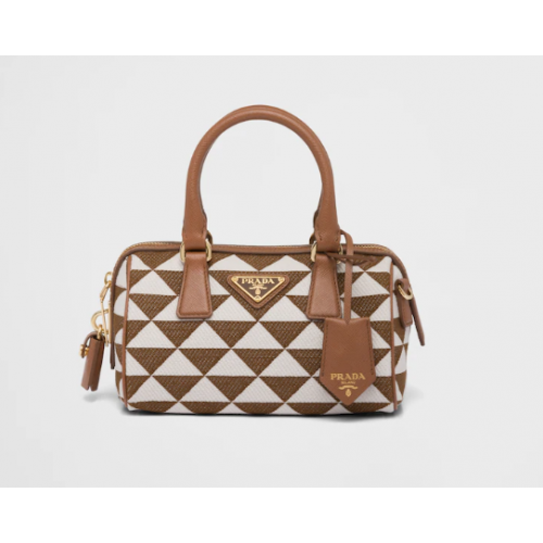 Prada Symbole sac à main en tissu jacquard brodé 1BB846 blanc&marron
