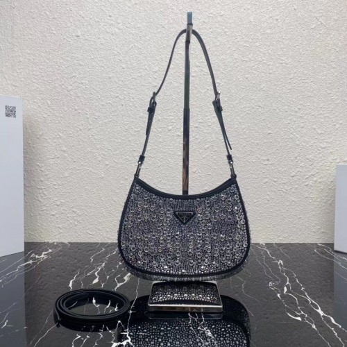 Sac à bandoulière en cuir Prada avec fourre-tout en cristaux artificiels 1BN169 noir
