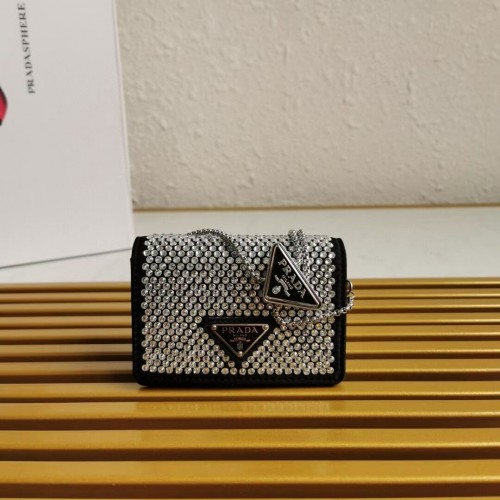 Petit sac en cuir Prada avec sac à bandoulière en cristaux artificiels 1NE124 Noir