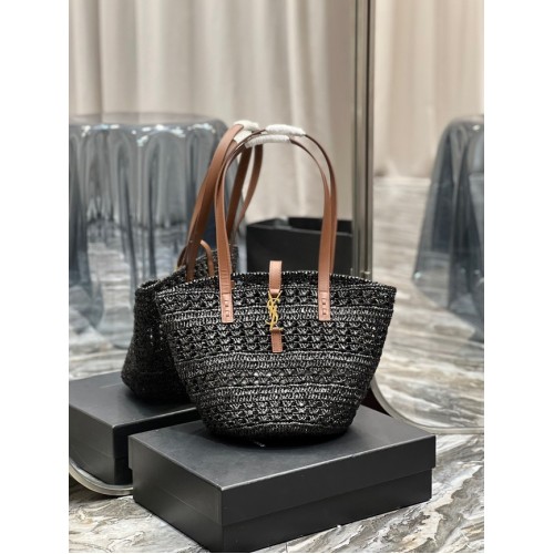 SAINT LAUREN PANIER PETIT SAC EN RAPHIA CROCHET ET CUIR LISSE 685618 noir