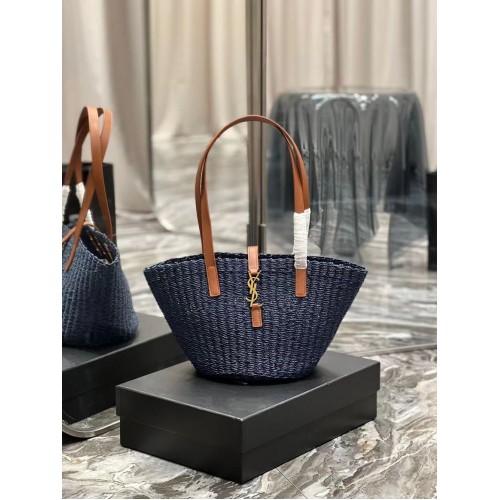 SAINT LAUREN PANIER PETIT SAC EN RAPHIA CROCHET ET CUIR LISSE 685618 bleu foncé