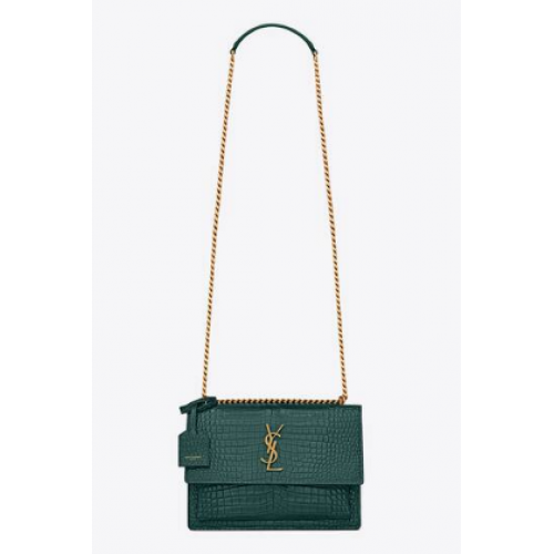 SAINT LAUREN SAC À CHAÎNE MOYEN SUNSET EN CUIR BRILLANT EMBOSSÉ CROCODILE 422906 TURQUOISE DE MER