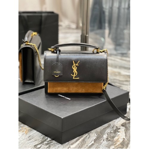 SAINT LAUREN SUNSET POIGNÉE SUPÉRIEURE MOYENNE EN CUIR LISSE 634723 NOIR&marron