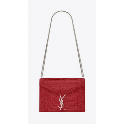 SAINT LAURENT CASSANDRA MOYEN SAC CHAÎNE EN CUIR BRILLANT EMBOSSÉ CROCODILE 532750 ROUGE EROS
