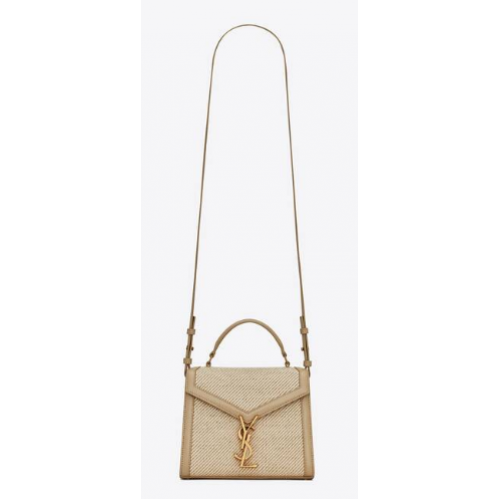SAINT LAURENT CASSANDRA MINI SAC À MAIN EN TOILE ET CUIR BOX SAINT LAURENT 623930 BEIGE ET SEA SALT