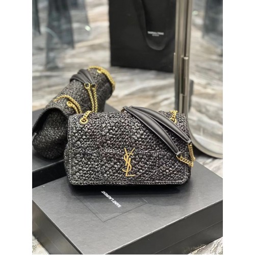 SAINT LAURENT JAMIE SAC CHAINE MOYEN CARRE RIVE GAUCHE EN RAPHIA CROCHET ET CUIR LISSE 515821 NOIR
