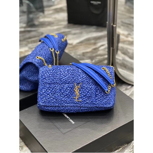 SAINT LAURENT JAMIE SAC CHAINE MOYEN CARRE RIVE GAUCHE EN RAPHIA CROCHET ET CUIR LISSE 515821 BLEU