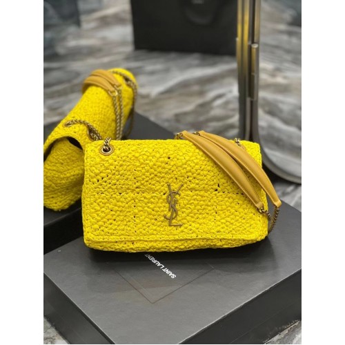 SAINT LAURENT JAMIE SAC CHAINE MOYEN CARRE RIVE GAUCHE EN RAPHIA CROCHET ET CUIR LISSE 515821 JAUNE