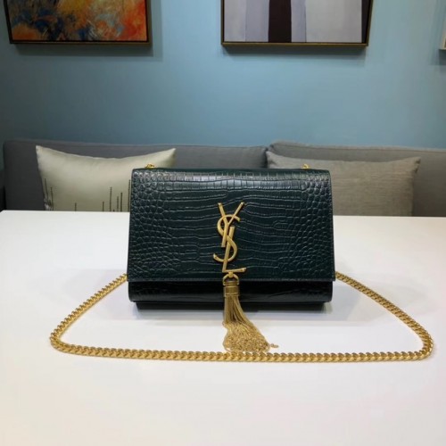 SAINT LAURENT Sac porté épaule Kate en cuir embossé croco 474366 Vert noirâtre