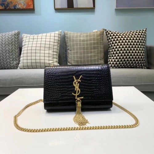 SAINT LAURENT Sac porté épaule Kate en cuir effet croco 474366 noir