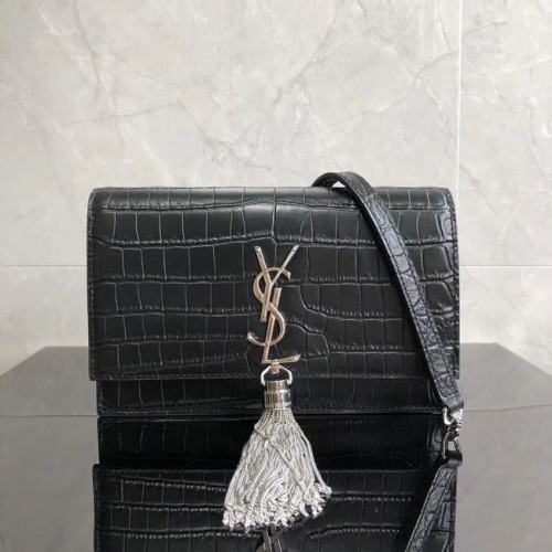 SAINT LAURENT Sac bandoulière Kate en cuir embossé crocodile 452159 noir