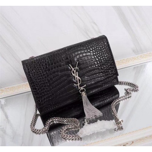 SAINT LAURENT Sac porté épaule en cuir embossé façon crocodile Kate monogram medium 9288 noir