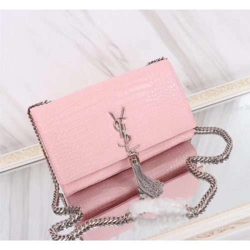 SAINT LAURENT Sac porté épaule en cuir embossé façon crocodile Kate monogram medium 9288 rose