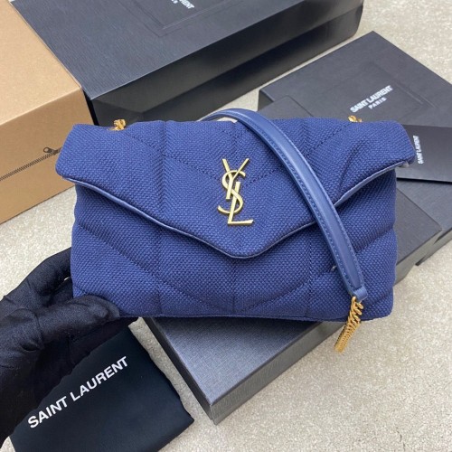 SAINT LAURENT LOULOU PETIT SAC CHAÎNE EN TOILE 620333 BLEU