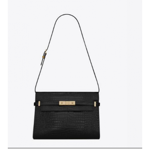 SAC D'ÉPAULE SAINT LAURENT MANHATTAN EN CUIR BRILLANT ESTAMPÉ CROCODILE 579271 NOIR