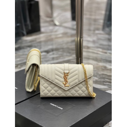 PORTEFEUILLE CHAÎNE MONOGRAMME SAINT LAURENT EN CUIR EMBOSSÉ GRAIN DE POUDRE MIX MATELASSE 620280 BEIGE&OR