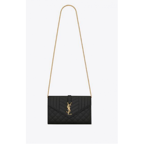 PORTEFEUILLE CHAÎNE MONOGRAMME SAINT LAURENT EN CUIR EMBOSSÉ GRAIN DE POUDRE MIX MATELASSE 620280 NOIR&OR