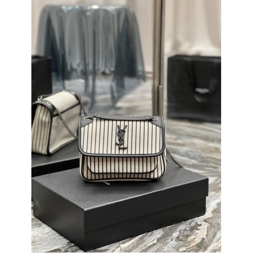 SAINT LAURENT NIKI PETIT SAC CHAINE EN TOILE 633151 CRÈME ET NOIR