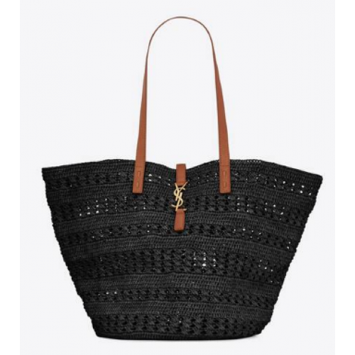 SAINT LAURENT PANIER SAC MOYEN EN RAPHIA CROCHET ET CUIR LISSE 688221 NOIR