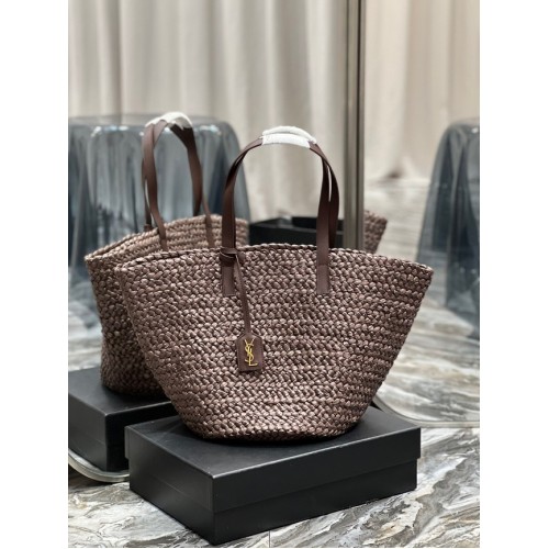 SAINT LAURENT PANIER SAC MOYEN EN RAPHIA 693242 Café