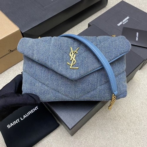 SAINT LAURENT SAC PUFFER CHAIN EN DENIM ET CUIR LISSE 320333 BLEU