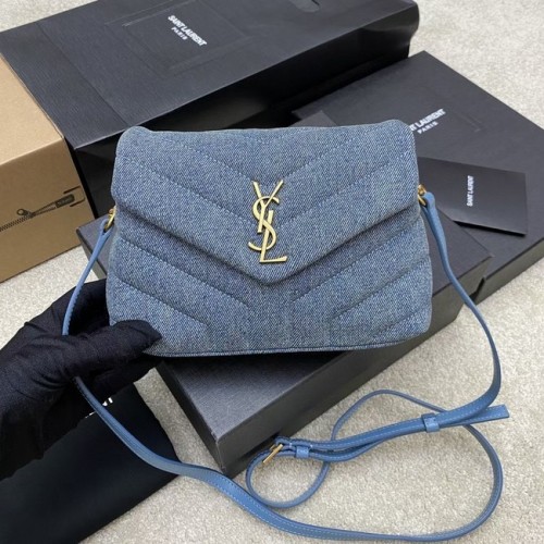 SAINT LAURENT PUFFER PETIT SAC CHAÎNE EN DENIM ET CUIR LISSE 392255 BLEU