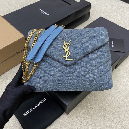 PETIT SAC PUFFER CHAINE SAINT LAURENT EN DENIM ET CUIR LISSE 392277 BLEU