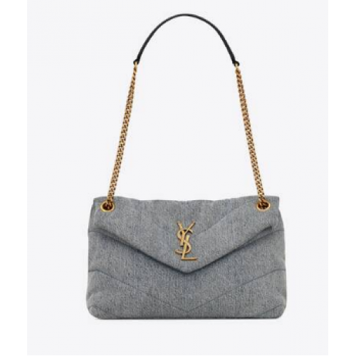 SAINT LAURENT PUFFER PETIT SAC CHAÎNE EN DENIM ET CUIR LISSE 577476 BLEU-GRIS