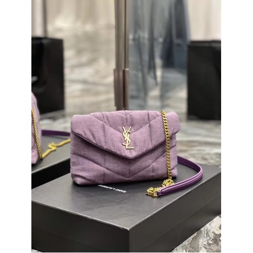 SAC À JOUETS PUFFER SAINT LAURENT EN TOILE ET CUIR LISSE 620333 LILAS BLANCHI