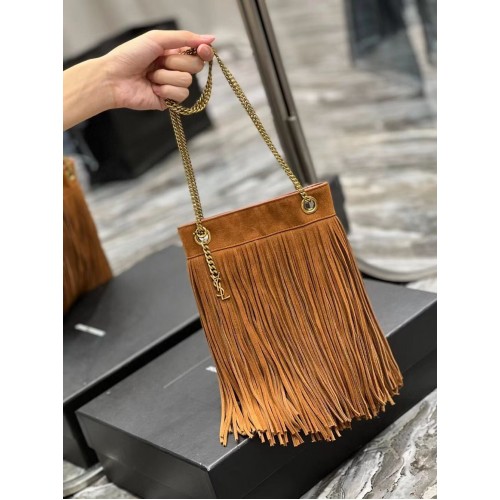 PETIT SAC CHAÎNE SAINT LAURENT EN DAIM LÉGER À FRANGES 683378 marron