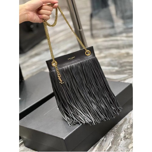 PETIT SAC CHAÎNE SAINT LAURENT EN CUIR LISSE À FRANGES 683378 NOIR