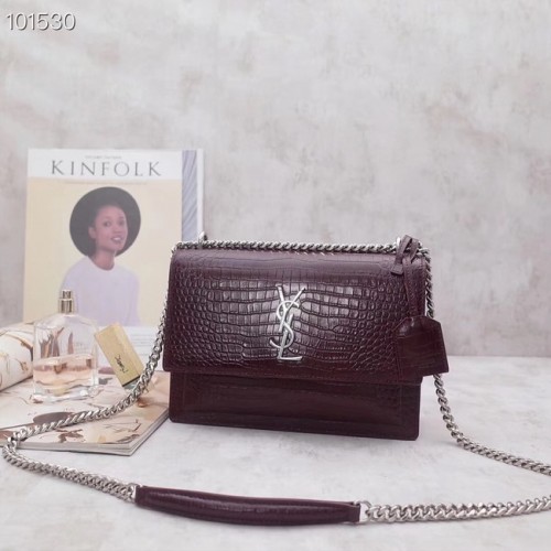 SAINT LAURENT Sac porté épaule en cuir effet croco Sunset 442906 Bordeaux