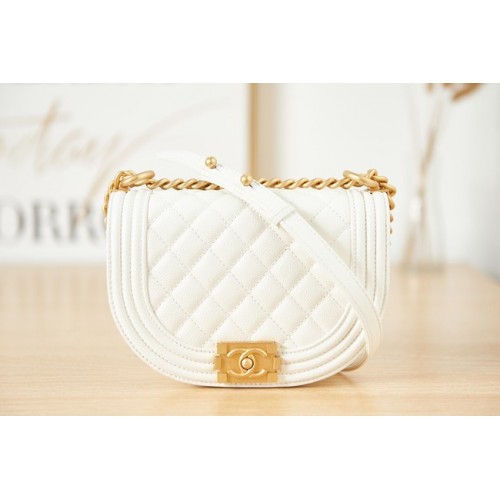 SAC MESSAGER CHANEL PETIT GARÇON Veau grainé Métal doré AS3350 blanc