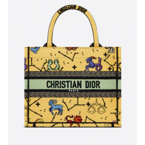 PETIT DIOR BOOK TOTE Jaune Multicolore Broderie Dior Pixel Zodiac M1265ZRTY