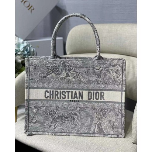 PETIT CABAS DIOR BOOK TOTE gris Toile de Jouy Broderie inversée M1296Z