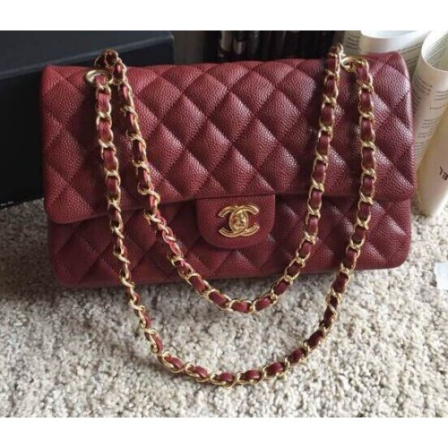 Qualité supérieure Chanel Classic A36070 Grand sac à rabat en cuir grainé d'origine bordeaux Doré