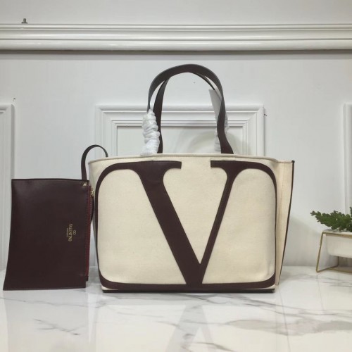 VALENTINO Sac Shopping en Toile V0065 Blanc&Marron