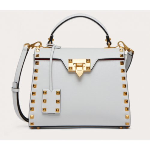 VALENTINO GARAVANI Sac à main Rockstud Alcove Small en cuir de veau grainé 2B0J71 blanc