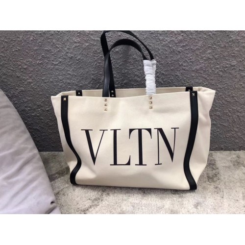 VALENTINO Rockstud Canvas Shopping Bag V0978 Blanc&Noir