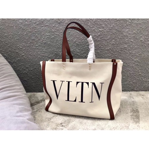 VALENTINO Rockstud Canvas Shopping Bag V0978 Blanc&Vin